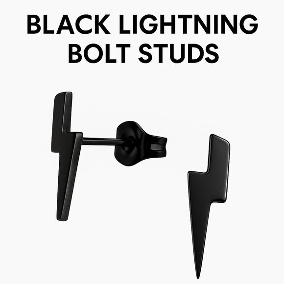 Black Lightning Bolt Studs – Stainless Steel Earrings 13mm - Picture 3 of 7